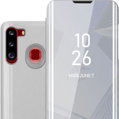 Cadorabo Hoesje geschikt voor Samsung Galaxy A21 in AGAAT ZILVER - Clear View Spiegel Beschermende Case met Tribunefunctie 360 Graden Bescherming Book Case Cover Etui