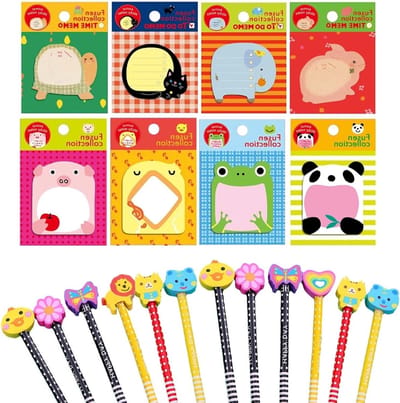 Dailygoods- Plaknotities 24 Stuks - Cartoon Dier Notities - Zelfklevende Memoblokken - Sticky Notes Set - 12 Cartoon Potloden - Hoogwaardige Houtpulp - Notitieblok