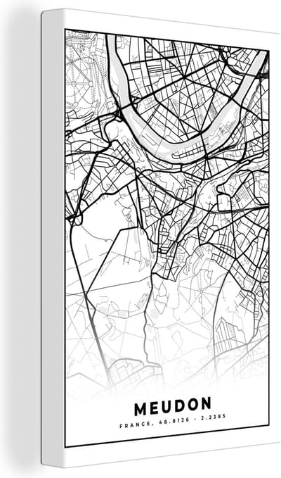 Canvas Schilderij Stadskaart - Plattegrond - Kaart - Frankrijk - Meudon - Zwart wit - 20x30 cm - Wanddecoratie
