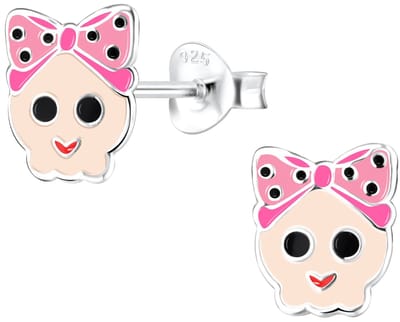 Joy|S - Zilveren halloween oorbellen - meisje skull met roze strikje