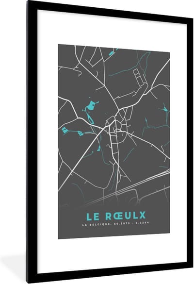 Fotolijst incl. Poster - Plattegrond – Le Rœulx – Blauw – Stadskaart - Kaart - 80x120 cm - Posterlijst