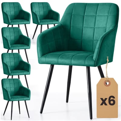 Set van 6 Eetkamerstoelen LUXANO met Armleuningen / Gestoffeerde Stoelen / Fluwelen Stoelen en Metalen Poten / Flesgroen met zwarte benen