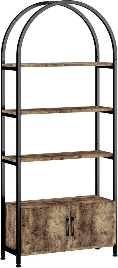 Boekenkast-vier planken en twee lades-dubbele deuren- gebogen vorm- metalen frame- antislip- stabiel- geschikt voor gebruik in kantoor-woonkamer of slaapkamer