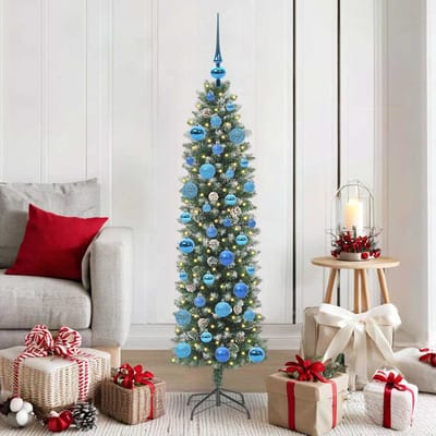 vidaXL Kunstmatige slanke kerstboom Groen en Wit 150 cm