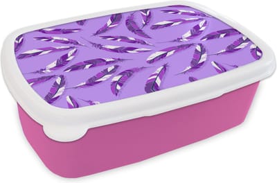 Broodtrommel Roze - Lunchbox - Brooddoos - Meiden - Veren - Paars - Patronen - Girl - Paars - Kinderen - Kids - 18x12x6 cm - Kinderen - Meisje