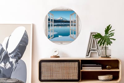 WallCircle - Wandcirkel - Muurcirkel - Landschap - Winter - Meer - Bergen - Uitzicht - Doorkijk - Licht - Aluminium - Dibond - 60x60 cm - Binnen en Buiten