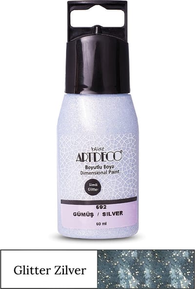 Artdeco Glitter Dimensional Paint, Relief Paint, Dimensional Fabric Paint, 3D Liner - 3D Verf - 3D Paint, Textuurschilderen, Reliëf Schilderen, Metallic Kleuren - Stof, Glas, Keramiek, Karton, Metaal, Papier, Steen - 50 ml-Zilver