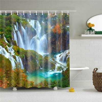 Modern 3D-printen bos douchegordijn groene plant boom landschap badgordijn met haken voor badkamer waterdicht landschap W90xH180cm gray