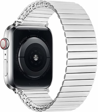Strap-it Stalen rekband - Geschikt voor Apple Watch bandje -Series 1/2/3/4/5/6/7/8/9/10/11/SE/SE2/SE3/Ultra (2/3) - Zilver - Elastisch bandje van metaal/staal - RVS iWatch bandje maat: 44mm / 45mm / 46mm / 49mm S/M