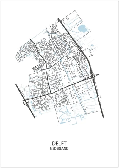 De Lange Koe Poster - Delft Plattegrond - 42 X 29.7 Cm - Wit