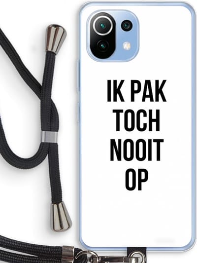 Case Company® - Hoesje met koord geschikt voor Xiaomi Mi 11 Lite hoesje met Koord - Ik pak nooit op - Telefoonhoesje met Zwart Koord - Bescherming aan alle Kanten en Over de Schermrand