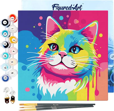 Figured'Art Mini Schilderen op Nummer Volwassenen 20x20cm met lijst Katten Abstracte Pop-Art - Klein Formaat Creatieve Hobby Kit DIY Art Nummer Compleet