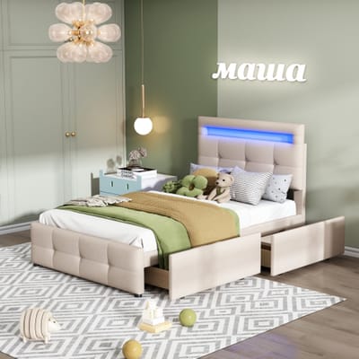 Gestoffeerd bed 90 x 200 cm beige - LED-verlichting - 2 Lades - Linnenstof - bed met opbergruimte - 2 opbergladen - voor slaapkamer
