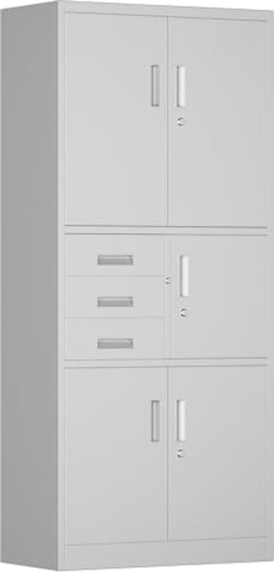 Metalen archiefkast met drie lades - Opbergkast voor kantoor en gereedschap - 180 x 80 x 40 cm (wit)
