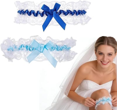 Bruidskousenbanden Set - Bruiloft Accessoires - Bruiloft Outfit - Kant en Strik Detail - One Size Fits Most - Blauw