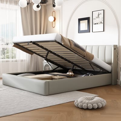 MEUNIQ tweepersoons bed 140 x 190 cm met opbergruimte, LED-verlichting, USB-oplaadpoort, verstelbaar hoofdeinde, lattenbodem en PU kunstleer in grijs