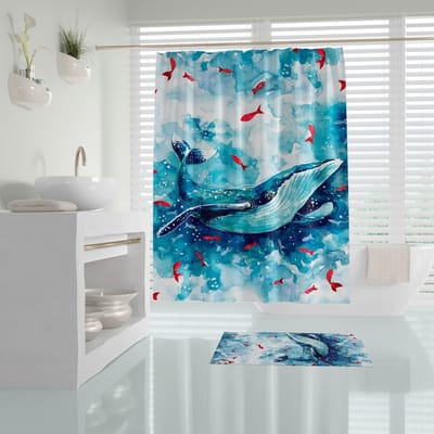 Zethome | Badkamermat en Douchegordijn | Badmat 50x80 | Douchegordijn 50x80 | Whale