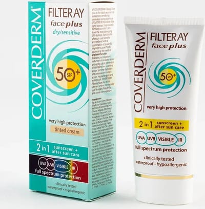 Coverderm Filteray Face Plus Getint / Getinte 2 in 1 zonnecrème voor de droge, gevoelige huid Licht Beige SPF 50+ 50 ml