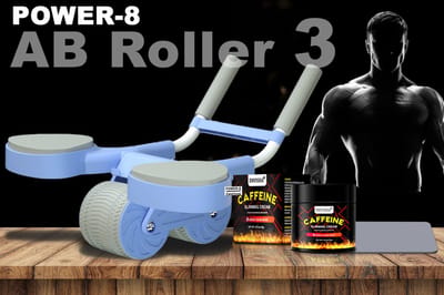 Power-8® Ab Roller Pro 3 Blue- Multifunctionele AB Roller met Automatische Rebound, Kniemat & Caffeine Afslankcrème - Perfect voor Buikspieren, Afslanken & Fitness – Ideaal Kerstcadeau