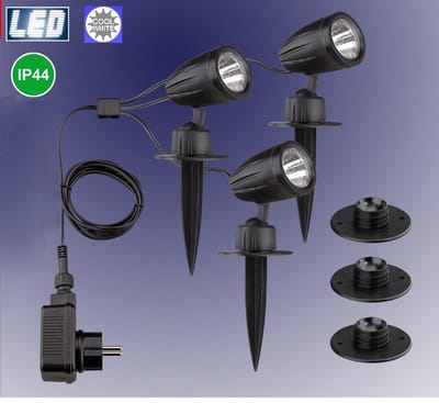 Trango 3-vlam 3076-356 IP44 LED tuinspot *JOE* buitenlamp incl. 3x 3 watt LED module lamp 6000K daglicht wit & voedingskabel vijverlamp, tuinlamp, padverlichting, wandlamp