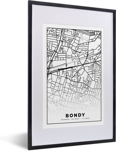 Fotolijst incl. Poster Zwart Wit- Kaart - Bondy - Stadskaart - Frankrijk - Plattegrond - Zwart wit - 40x60 cm - Posterlijst