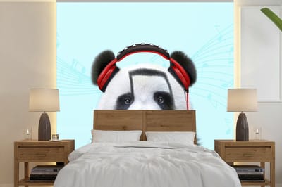 Behang - Fotobehang - 240x240 cm - Panda - Koptelefoon - Dier - Muzieknoten - Rood - Dieren behang - Foto behang