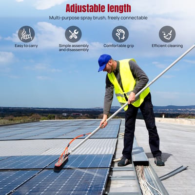 Zonnepaneel reinigingsborstel met watertoevoer, 1,4-7m telescopische aluminium verlengstok, waterstroom reinigingsborstel, verstelbare hoekborstel voor PV-panelen, hoge ramen, villa, dak, gevel,