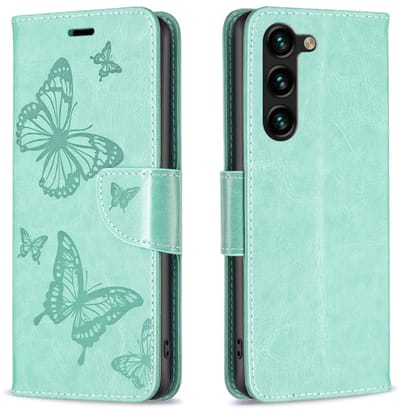 Voor Samsung Galaxy S24+ 5G reliëf twee vlinders patroon lederen telefoonhoesje (groen)