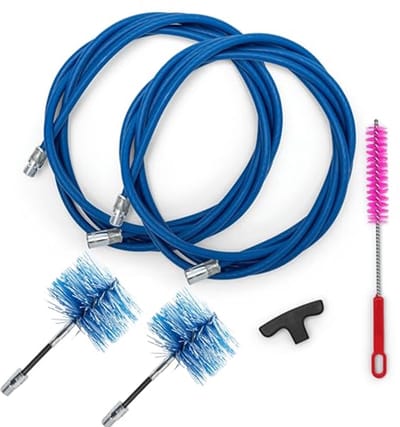 BARETTO Reinigingsset voor pelletkachels, verlenging van 6 meter voor het reinigen van rookpijpen, met 90° kromming, multifunctionele borstel, handvat en 2 flexibele borstels van nylon, 80 mm en 100