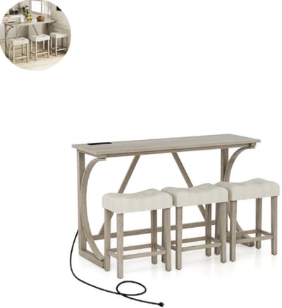 Bartafel keuken - Bartafel Set - Barkruk - Barstoel - Keukenstoel - Voetsteun - Grijs + Beige