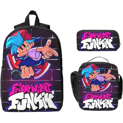 3 Stuks Friday Night Funkin Accessoires Rugzak Set voor Jongen Meisje Pennen Etuis Boekentassen Sets met Lunchbox Voor School Leerlingen Rugzak blue
