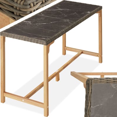 tectake® Aluminium wicker bartafel - Hoge tafel met marmerlook tafelblad - Balkonmeubel - Tuinmeubelen voor buitenkeuken en woonkamer - Weerbestendig - Afmeting (LxBxH) 161 x 64,5 x 99,5 cm - Lichtbruin