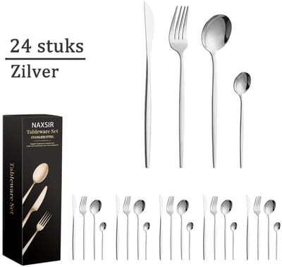 NAXSIR Bestekset voor 6 Personen - 24-Delig - Lepels, Messen, Vorken - RVS - Vaatwasmachinebestendig - Zilver