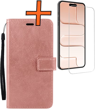 Hoes - Met Screenprotector - Geschikt voor Apple iPhone Air - Luxe Pasjeshouder - Bookcase Portemonee - Flip Case - Kunstleer Book Case - Flipcase - Book Cover - Walletcase - PortemonneeHoes - Rosé goud