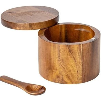 Pot à épices en bois Salière Poivrière Boîte à épices Grande capacité Boîte à poivre avec cuillère Couvercle rotatif magnétique Rangement de cuisine brown