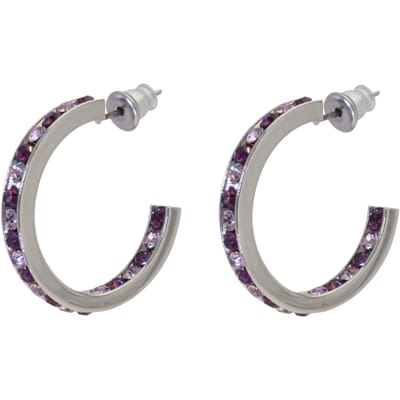 Behave Oorringen dames zilver-kleur met paarse glas kristal steentjes – rond 2.5 cm