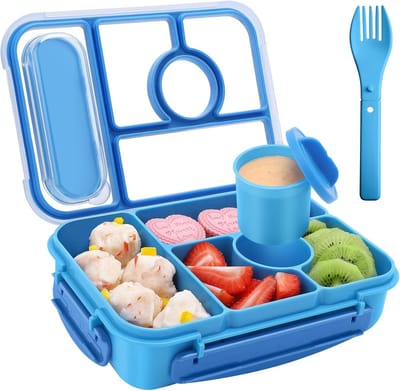 Famanu – Lunch Box Adults/Kids,Bento Box Kids,1300ML- 5 vakken Lekvrij Lunchbox met sausdoos,Lunchbox Voor Volwassenen,Lunch Container,Snackbox Sandwichbox,Herbruikbaar (Blauw)