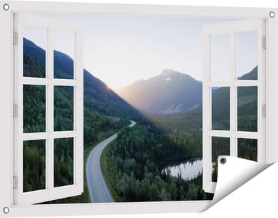Gards Tuinposter Doorkijk Weg Door het Bergen Landschap - 90x60 cm - Tuindoek - Tuindecoratie - Wanddecoratie buiten - Tuinschilderij