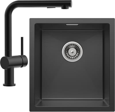 CECIPA max Spoelbak Antraciet 40x44CM - Spoelbak Keuken Met L-uitloop Keukenkraan - Spoelbakken Keuken - Wasbak Keuken - RVS
