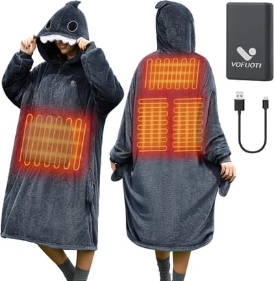 Verwarmde Hoodiedeken - Draagbare Deken - Warm Blijven - Draadloze Accu - 10.000 mAh - Haai Donkergrijs