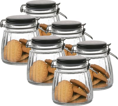 Urban Living Weckpot/inmaakpot - 6x - 1L - glas - met beugelsluiting - mat zwarte deksel