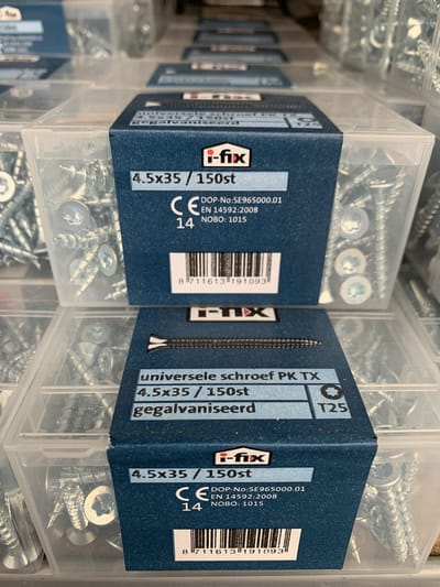 Spaanplaat schroef. platkop-torx. 4.5 x 35mm. lang. 150 stuks hout schroeven. I-fix.