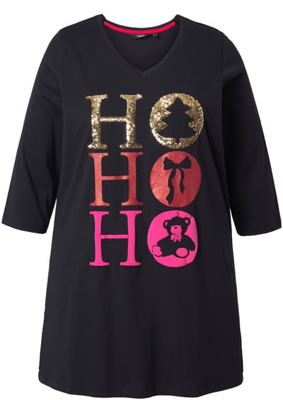 Ulla Popken - Dames - Longshirt Ho Ho Ho A-lijn V-hals lange mouwen - Zwart - Maat 42+
