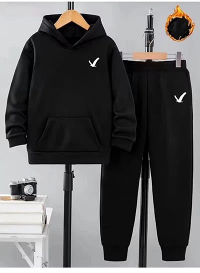 Trendy Zwarte Warme Kinder Hoodie en Joggingbroek Set - Comfortabele Casual Sportieve Outfit - 2XL-3XL