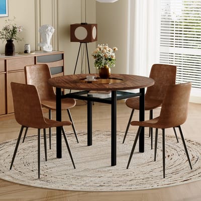 MODFU - Ronde Eettafelset - Met Glazen Inleg En Opbergrek - Modern - Voor Eetkamer Of Woonkamer - Bruin En Zwart