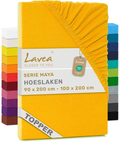 Lavea® Hoeslaken voor Topper/Topmatras 90x200 cm – 100% Katoen Jersey – Geschikt voor Topmatrassen tot 10 cm – Met Elastiek Rondom – OEKO-TEX Gecertificeerd – Goudgeel