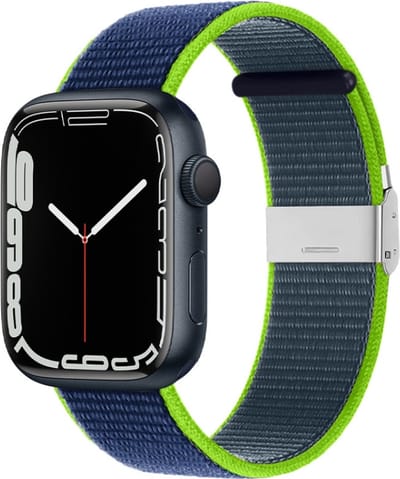 Nylon bandje - geschikt voor Apple Watches 1/2/3/4/5/6/7/8/9/SE/SE 2 met case size 38 mm / 40 mm / 41 mm en Watch 10 (42 mm) - blauw-fluoriserend