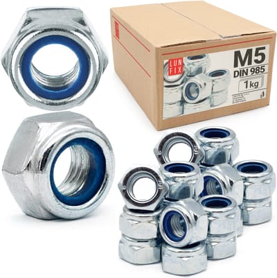 LUN FIX - Beveiligingsmoeren M5 - 1 kg (ca. 1100 stuks) - DIN 985 - Zelfborgende moeren met nylonring - verzinkt staal - Stopmoeren Zeskantmoeren