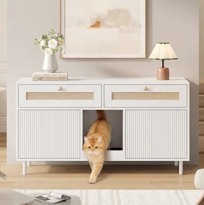 FloraGrace Kattenbakcontainer - Dubbeldeurs Kattenbakkast Met Opvangmat En Opberglades - Voor Woonkamer En Hal - MDF - 120x50x65 Cm - Wit
