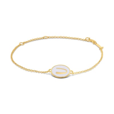 New Bling 9LA-20058-U Zilveren Armbandje met Letter - U - Ovaal - 12x8,6mm - Wit - Zilver - 16+2+3cm - Verguld/Goud op Zilver